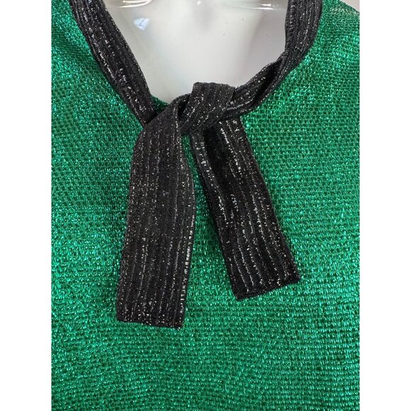 Vintage Green & Black Metallic Knit Long-Sleeve Top With Tie-Neck Detail - Picture 11 of 16